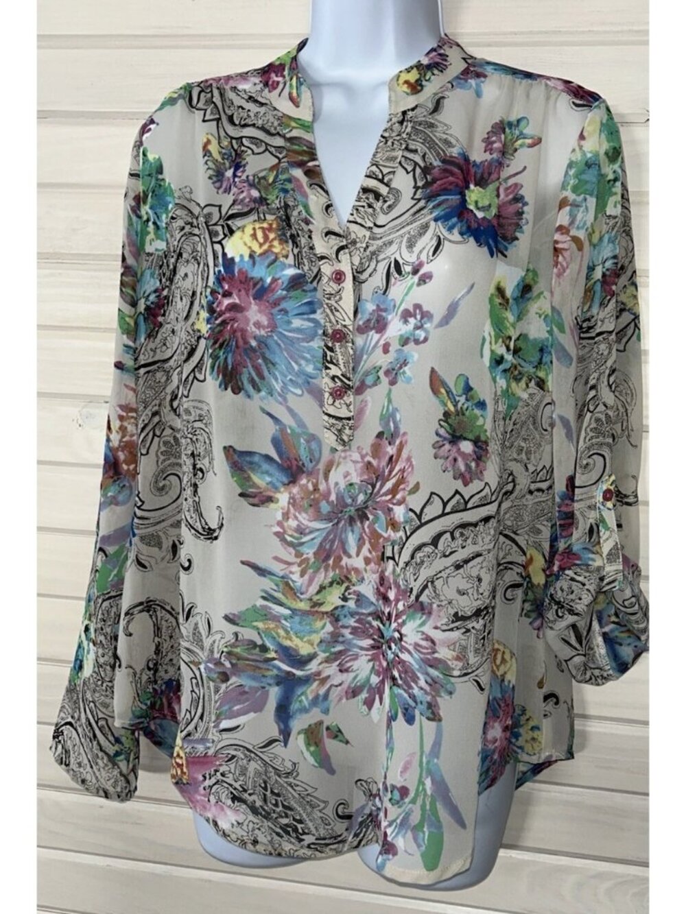 Travelsmith Sz SMALL Poly Chiffon Floral Paisley Pullover Sheer Blouse VGUC